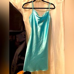 Baby blue Bebe satin cowl neck slip dress, spaghetti strap size small